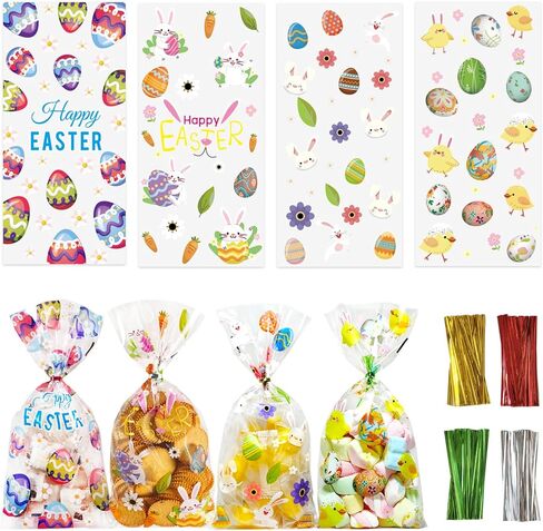 QOIUSO Valentines Goodie Bags, 60Pcs Valentines Treat Bags for Candy Goody Snacks Gifts Packing, Valentines Day Cellophane Bags With 70Pcs Twist Ties for Kids Classroom Party Favors - 4 Lovely Style in Saudi Arabia