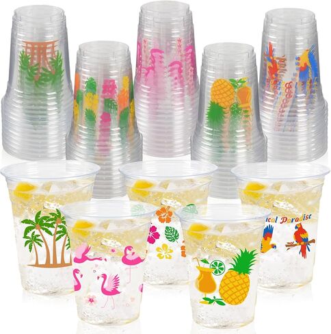 50Pcs Luau Party Decoration Cups 16 OZ Disposable Plastic Drinking Cups with Pineapple Flamingo for Hawaiian Tropical Aloha Pool Beach Birthday Party Decor Supplies in Saudi Arabia