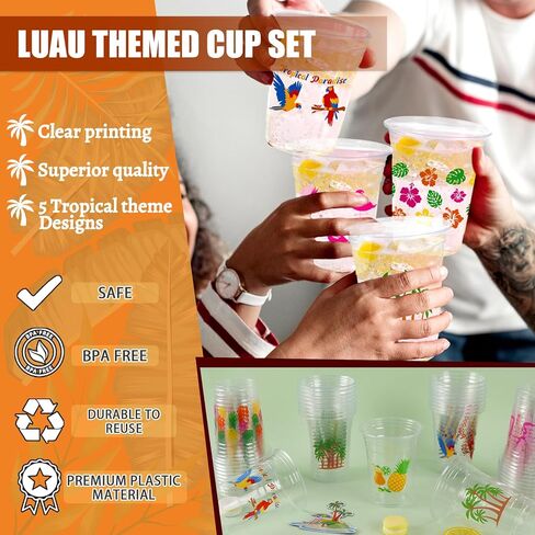 50Pcs Luau Party Decoration Cups 16 OZ Disposable Plastic Drinking Cups with Pineapple Flamingo for Hawaiian Tropical Aloha Pool Beach Birthday Party Decor Supplies in Saudi Arabia