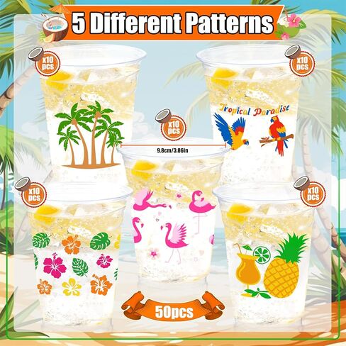 50Pcs Luau Party Decoration Cups 16 OZ Disposable Plastic Drinking Cups with Pineapple Flamingo for Hawaiian Tropical Aloha Pool Beach Birthday Party Decor Supplies in Saudi Arabia