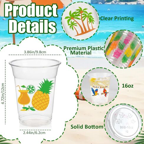 50Pcs Luau Party Decoration Cups 16 OZ Disposable Plastic Drinking Cups with Pineapple Flamingo for Hawaiian Tropical Aloha Pool Beach Birthday Party Decor Supplies in Saudi Arabia