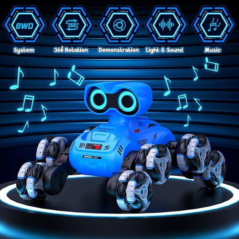 ألعاب روبوت، سيارة تحكم عن بعد ذات 8 عجلات مع عرض تلقائي، دوران 360 درجة، عيون LED، موسيقى، 2.4 جيجا هرتز، سيارات Rc لجميع التضاريس، روبوت للتحكم عن بعد للأولاد 4-7 6-8 8-12 in Kuwait