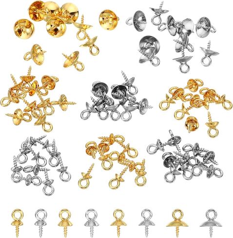 PATIKIL 4mm/5mm/6mm/8mm Cup Pearl Screw Eye Pin Peg Pendant, 80 Pcs Eye Pin Pegs with Cap for Earrings Half Drilled Beads Making, Gold&Silver in Kuwait