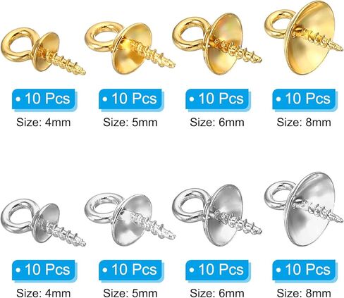 PATIKIL 4mm/5mm/6mm/8mm Cup Pearl Screw Eye Pin Peg Pendant, 80 Pcs Eye Pin Pegs with Cap for Earrings Half Drilled Beads Making, Gold&Silver in Kuwait