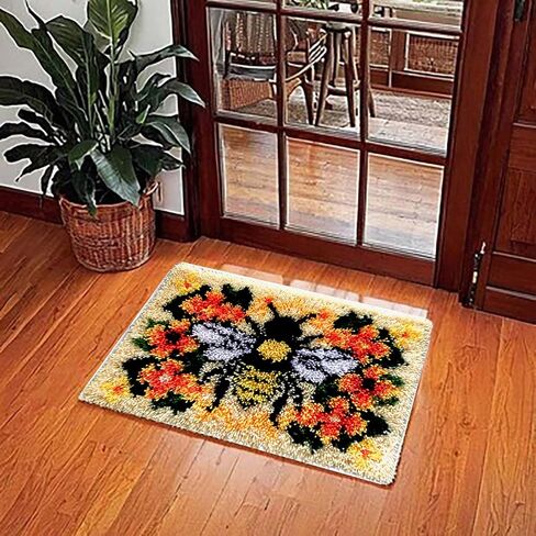 KitsMaster Buzzing Blooms" Latch Hook Kit – Bee & Flowers Design, Pre-Printed Canvas with Color-Coded Yarn, DIY Rug Making Kit for Adults & Beginners, 23.6''x15.8'' (Bee & Blossoms) in Saudi Arabia