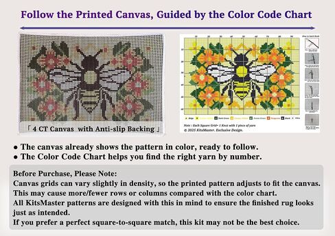 KitsMaster Buzzing Blooms" Latch Hook Kit – Bee & Flowers Design, Pre-Printed Canvas with Color-Coded Yarn, DIY Rug Making Kit for Adults & Beginners, 23.6''x15.8'' (Bee & Blossoms) in Saudi Arabia