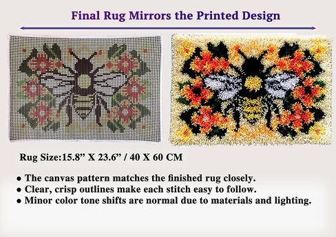 KitsMaster Buzzing Blooms" Latch Hook Kit – Bee & Flowers Design, Pre-Printed Canvas with Color-Coded Yarn, DIY Rug Making Kit for Adults & Beginners, 23.6''x15.8'' (Bee & Blossoms) in Saudi Arabia