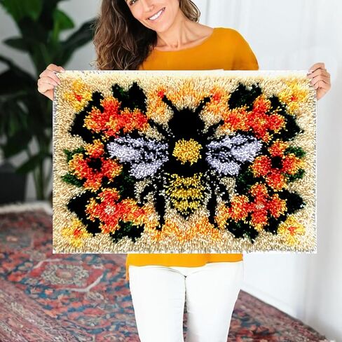 KitsMaster Buzzing Blooms" Latch Hook Kit – Bee & Flowers Design, Pre-Printed Canvas with Color-Coded Yarn, DIY Rug Making Kit for Adults & Beginners, 23.6''x15.8'' (Bee & Blossoms) in Saudi Arabia