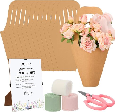 Tinlade 75 Pcs Flower Bar Kit Include Clear Bouquet Wrapping Bags Flower Bar Stand Scissors and Chiffon Ribbons for Wedding Bridal Baby Shower Birthday Party Favor Supplies Craft in Kuwait