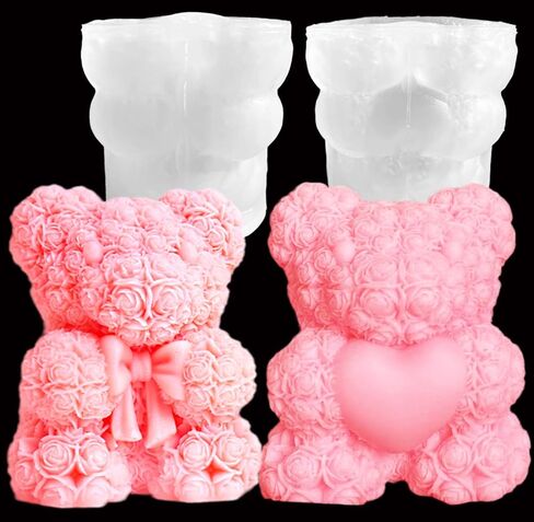 2 Pcs 3D Rose Bear Candle Molds, Wedding Bears with Bowtie and Heart, DIY Valentine's Day Mold for DIY Aromatherapy Candles Wax Plaster Polymer Clay Decoration(2.8in) in Saudi Arabia