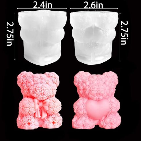 2 Pcs 3D Rose Bear Candle Molds, Wedding Bears with Bowtie and Heart, DIY Valentine's Day Mold for DIY Aromatherapy Candles Wax Plaster Polymer Clay Decoration(2.8in) in Saudi Arabia