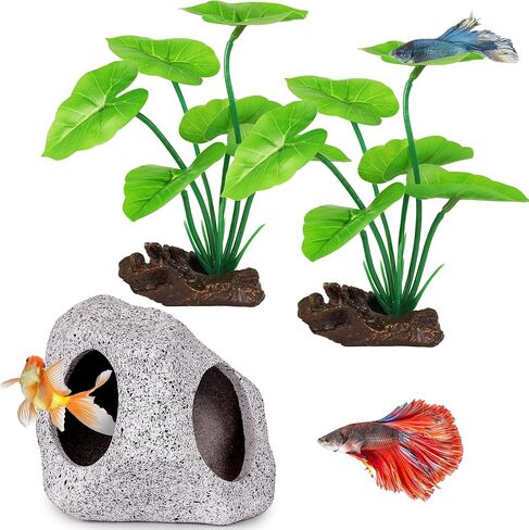 MyLifeUNIT Fish Tank Decor, Silk Aquarium Plants and Hideaway Rock Cave Decor for Betta Fish Tank Accessories, Goldfish, Turtle Tank Decorations in Saudi Arabia