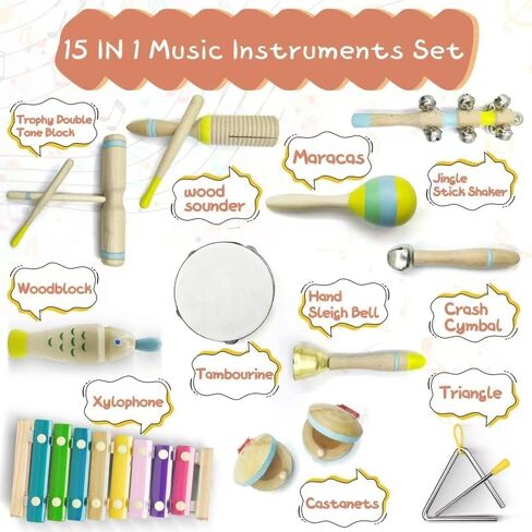 15Pcs Musical Toys for Toddlers 1-3, Baby Musical Instruments Set, Wooden Montessori Toys Percussion, Birthday Gifts for 1 2 3 Year Old Kids Boy Girls in Saudi Arabia