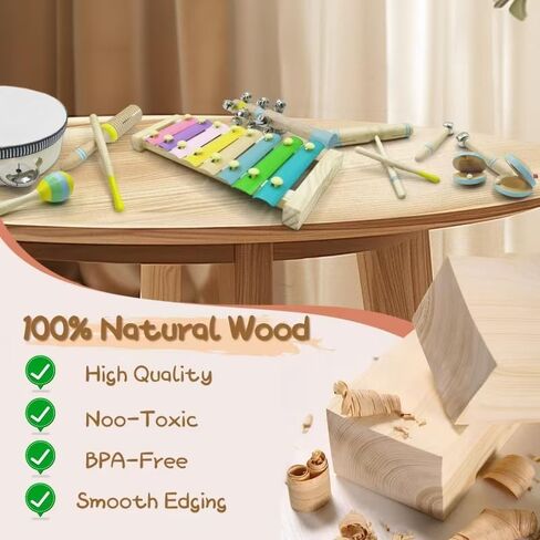 15Pcs Musical Toys for Toddlers 1-3, Baby Musical Instruments Set, Wooden Montessori Toys Percussion, Birthday Gifts for 1 2 3 Year Old Kids Boy Girls in Saudi Arabia