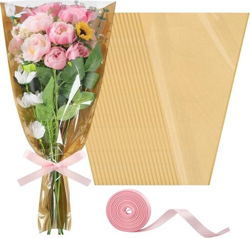30 PCS Flower Wrapping Bags for Bouquets 17.7 x 9 Inch Floral Packing Sleeves with Ribbon Kraft Paper Flower Sleeves for Valentines Mother's Day Birthday Wedding Graduation Gift Florist Wrap Supplies in Saudi Arabia