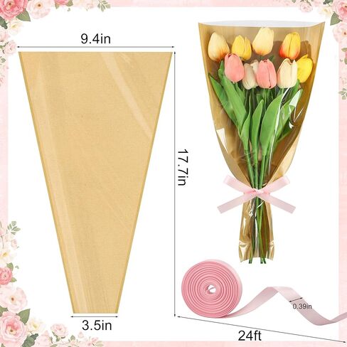 30 PCS Flower Wrapping Bags for Bouquets 17.7 x 9 Inch Floral Packing Sleeves with Ribbon Kraft Paper Flower Sleeves for Valentines Mother's Day Birthday Wedding Graduation Gift Florist Wrap Supplies in Saudi Arabia