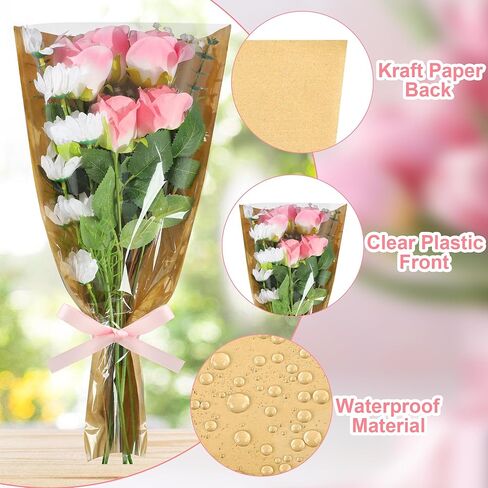 30 PCS Flower Wrapping Bags for Bouquets 17.7 x 9 Inch Floral Packing Sleeves with Ribbon Kraft Paper Flower Sleeves for Valentines Mother's Day Birthday Wedding Graduation Gift Florist Wrap Supplies in Saudi Arabia