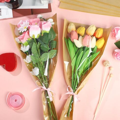 30 PCS Flower Wrapping Bags for Bouquets 17.7 x 9 Inch Floral Packing Sleeves with Ribbon Kraft Paper Flower Sleeves for Valentines Mother's Day Birthday Wedding Graduation Gift Florist Wrap Supplies in Saudi Arabia
