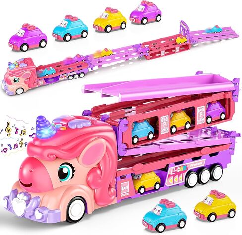 مجموعة سيارات لعبة هوت بي للبنات مع شاحنة ألعاب يونيكورن - 6 سيارات أميرات ومسار قابل للطي مع ضوء وصوت - ألعاب سيارات تعمل بقوة الاحتكاك هدايا عيد ميلاد للفتيات الصغيرات بعمر 3 و4 و5 و6 و7 سنوات in Kuwait