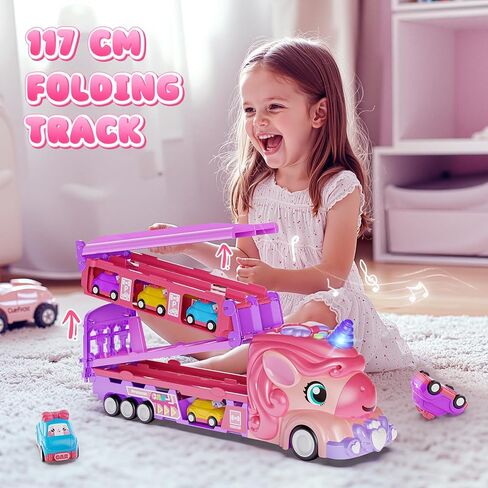 مجموعة سيارات لعبة هوت بي للبنات مع شاحنة ألعاب يونيكورن - 6 سيارات أميرات ومسار قابل للطي مع ضوء وصوت - ألعاب سيارات تعمل بقوة الاحتكاك هدايا عيد ميلاد للفتيات الصغيرات بعمر 3 و4 و5 و6 و7 سنوات in Kuwait