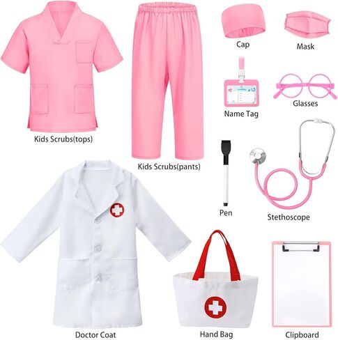 12 PCS Doctor Costume for Kids,Scrubs with Lab Coat/Nurse Costume Kids Set,Girls Boys Doctor Career Day Costumes in Kuwait