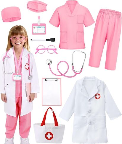 12 PCS Doctor Costume for Kids,Scrubs with Lab Coat/Nurse Costume Kids Set,Girls Boys Doctor Career Day Costumes in Kuwait