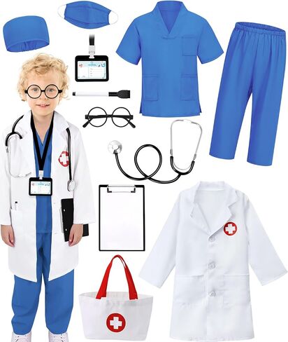 12 PCS Doctor Costume for Kids,Scrubs with Lab Coat/Nurse Costume Kids Set,Girls Boys Doctor Career Day Costumes in Kuwait