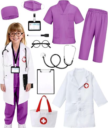 12 PCS Doctor Costume for Kids,Scrubs with Lab Coat/Nurse Costume Kids Set,Girls Boys Doctor Career Day Costumes in Kuwait
