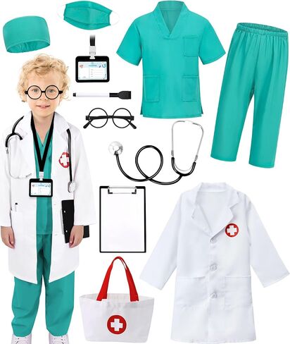 12 PCS Doctor Costume for Kids,Scrubs with Lab Coat/Nurse Costume Kids Set,Girls Boys Doctor Career Day Costumes in Kuwait