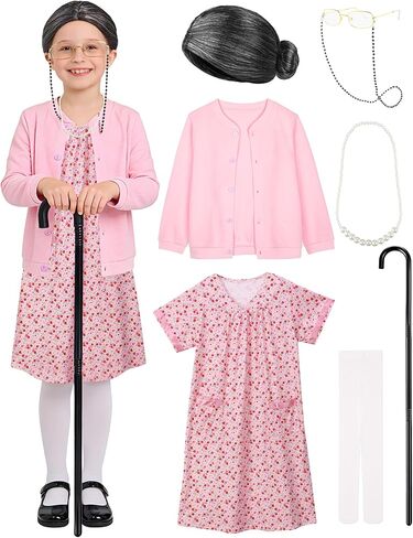 100 Days of School Costume for Kids - Old Lady Costume for Girls Funny Granny Grandma Dress Up Cosplay in Kuwait