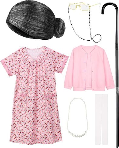 100 Days of School Costume for Kids - Old Lady Costume for Girls Funny Granny Grandma Dress Up Cosplay in Kuwait