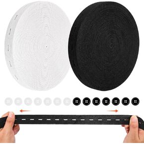 2PACK 3.2 ياردة مرنة للخياطة مع 40 قطعة من الأزرار، مرنة مع فتحات أزرار لخياطة حزام الخصر وحزام مطاطي مع فتحات أزرار وأربطة محبوكة عالية المرونة (أسود، أبيض) in Saudi Arabia