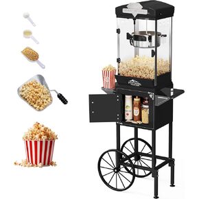 آلة الفشار، عربة آلة الفشار العتيقة بوزن 10 أونصة مع عجلات، ماكينة صنع الفشار على طراز مسرح الأفلام الاحترافية تصنع ما يصل إلى 40 كوبًا، آلة صنع الفشار للاستخدام المنزلي والتجاري (أسود) in Kuwait