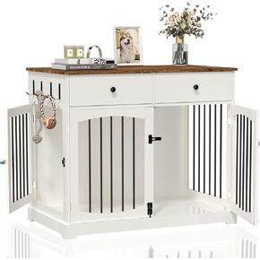 BREEZEHEAT أثاث قفص للكلاب مقاس 40 بوصة بيت مزرعة للكلاب مع قفص خشبي للحيوانات الأليفة بطاولة بنهاية الأدراج، تصميم باب مزدوج، بيت كلب مزخرف داخلي للكلاب الصغيرة والمتوسطة والكبيرة، أبيض in Kuwait