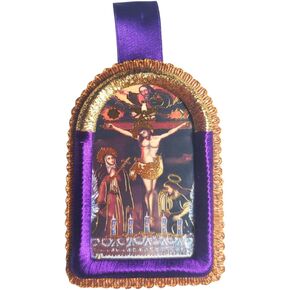 شارة دينية Señor de los Milagros - منفرجة من البلاستيك والنسيج الأرجواني، 5x3.5 بوصة، عبادي كاثوليكي تقليدي في بيرو، زخرفة ذهبية، نمط مصنوع يدويًا in Kuwait