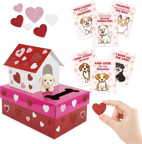 4E's Novelty Valentines Day Box and Valentines Cards for Kids (32 Pcs) - DIY Puppy Valentines Mailbox Craft Kit, for Classroom Exchange, Valentines Day Cards for Kids School Bulk for Boy Girl in Saudi Arabia