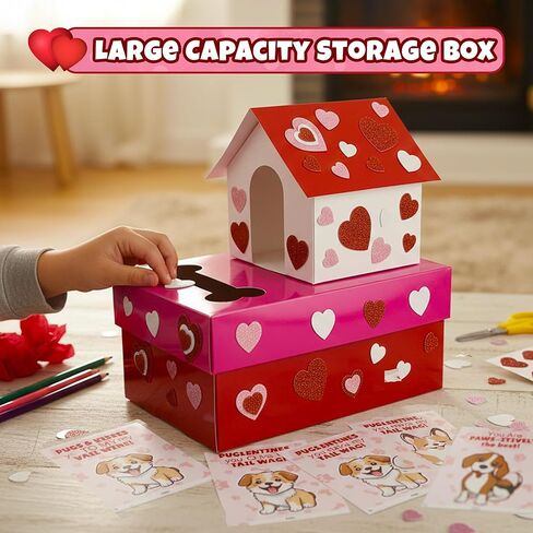 4E's Novelty Valentines Day Box and Valentines Cards for Kids (32 Pcs) - DIY Puppy Valentines Mailbox Craft Kit, for Classroom Exchange, Valentines Day Cards for Kids School Bulk for Boy Girl in Saudi Arabia