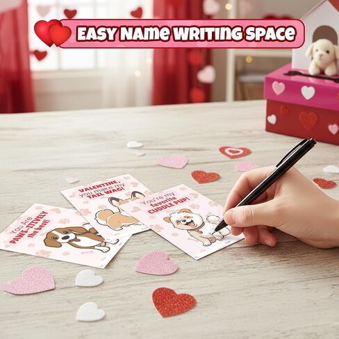 4E's Novelty Valentines Day Box and Valentines Cards for Kids (32 Pcs) - DIY Puppy Valentines Mailbox Craft Kit, for Classroom Exchange, Valentines Day Cards for Kids School Bulk for Boy Girl in Saudi Arabia