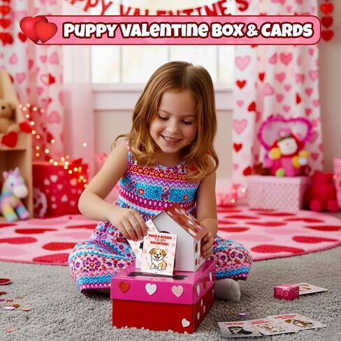 4E's Novelty Valentines Day Box and Valentines Cards for Kids (32 Pcs) - DIY Puppy Valentines Mailbox Craft Kit, for Classroom Exchange, Valentines Day Cards for Kids School Bulk for Boy Girl in Saudi Arabia
