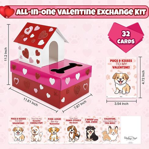 4E's Novelty Valentines Day Box and Valentines Cards for Kids (32 Pcs) - DIY Puppy Valentines Mailbox Craft Kit, for Classroom Exchange, Valentines Day Cards for Kids School Bulk for Boy Girl in Saudi Arabia