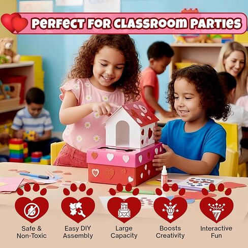 4E's Novelty Valentines Day Box and Valentines Cards for Kids (32 Pcs) - DIY Puppy Valentines Mailbox Craft Kit, for Classroom Exchange, Valentines Day Cards for Kids School Bulk for Boy Girl in Saudi Arabia