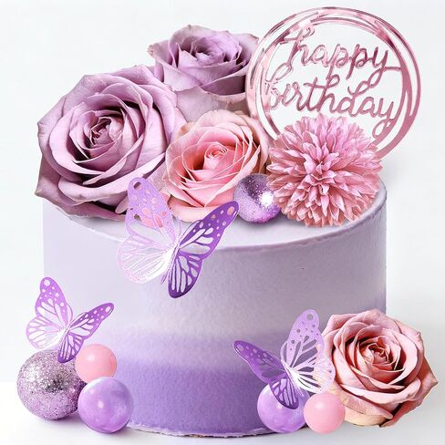 Flower Cake Toppers, Happy Birthday Rose Gold Cake Decorations with Artificial Flowers Butterfly Balls for Wedding Baby Shower Birthday Party Supplies in Saudi Arabia