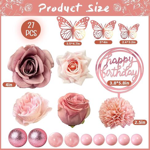 Flower Cake Toppers, Happy Birthday Rose Gold Cake Decorations with Artificial Flowers Butterfly Balls for Wedding Baby Shower Birthday Party Supplies in Saudi Arabia