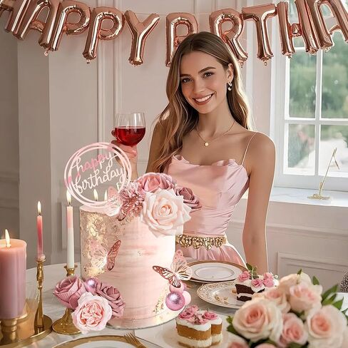 Flower Cake Toppers, Happy Birthday Rose Gold Cake Decorations with Artificial Flowers Butterfly Balls for Wedding Baby Shower Birthday Party Supplies in Saudi Arabia