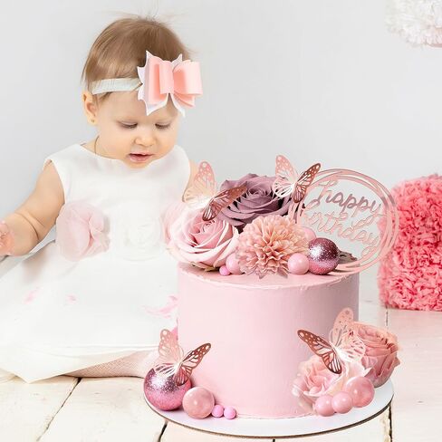 Flower Cake Toppers, Happy Birthday Rose Gold Cake Decorations with Artificial Flowers Butterfly Balls for Wedding Baby Shower Birthday Party Supplies in Saudi Arabia