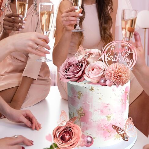Flower Cake Toppers, Happy Birthday Rose Gold Cake Decorations with Artificial Flowers Butterfly Balls for Wedding Baby Shower Birthday Party Supplies in Saudi Arabia