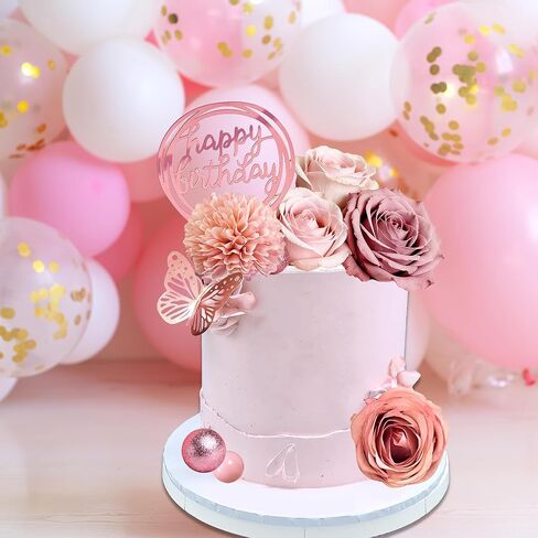 Flower Cake Toppers, Happy Birthday Rose Gold Cake Decorations with Artificial Flowers Butterfly Balls for Wedding Baby Shower Birthday Party Supplies in Saudi Arabia