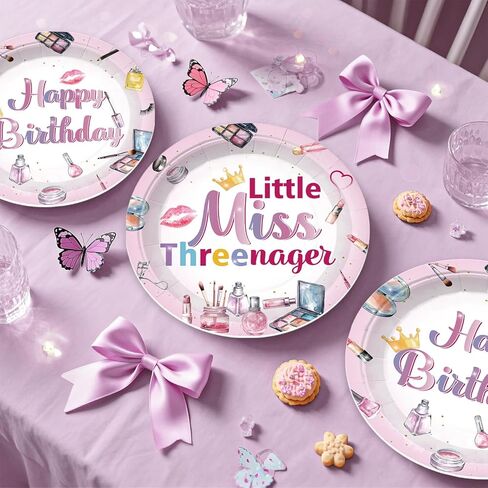 زينة عيد الميلاد من Threenager للفتيات، مجموعة أطباق ومناديل لعيد الميلاد الثالث للمكياج مع قطعتين من مفرش المائدة Little Miss Threenager راية زينة الكيك لفتاة تبلغ من العمر 3 سنوات in Saudi Arabia