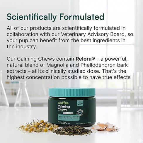 مضغ ناعم مهدئ للكلاب من Wuffes، مكمل لدعم الإجهاد مع Relora®، L-Theanine، L-Tryptophan والبابونج، تخفيف مهدئ لا يسبب النعاس لجميع الكلاب، 60 مضغًا ناعمًا in Kuwait