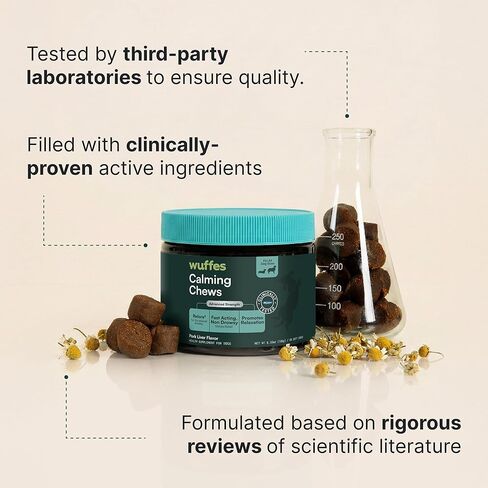 مضغ ناعم مهدئ للكلاب من Wuffes، مكمل لدعم الإجهاد مع Relora®، L-Theanine، L-Tryptophan والبابونج، تخفيف مهدئ لا يسبب النعاس لجميع الكلاب، 60 مضغًا ناعمًا in Kuwait